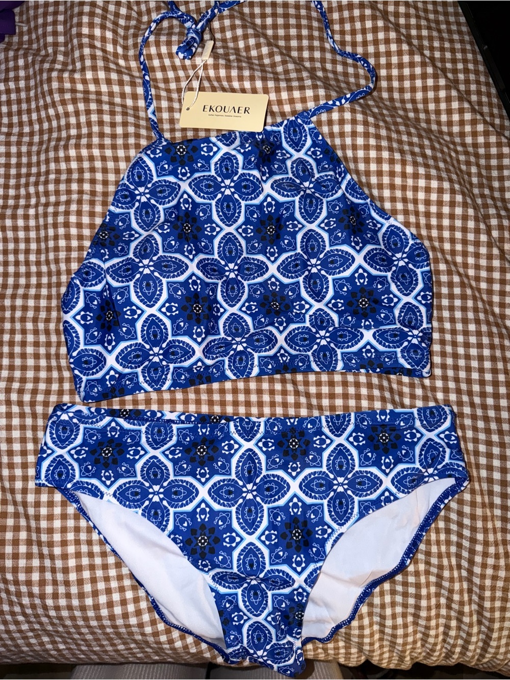 EKOUAER Blue & White Floral Halter Bikini Swimsuit Set Size Large NWT